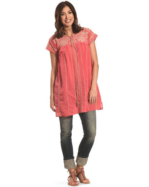 Johnny Was Women's Lenat Pleated Peasant Long Tunic, Coral, hi-res