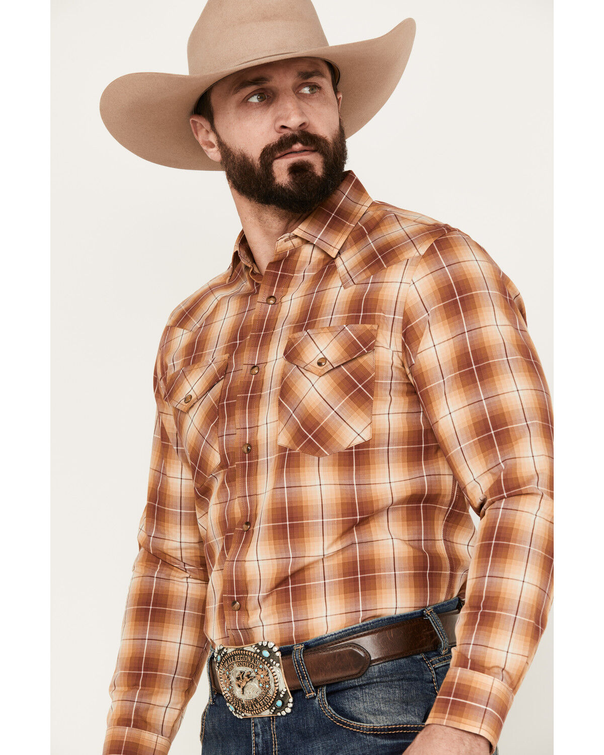 Image #2 - Pendleton Men's Frontier Plaid Print Long Sleeve Western Snap Shirt, Rust Copper, hi-res