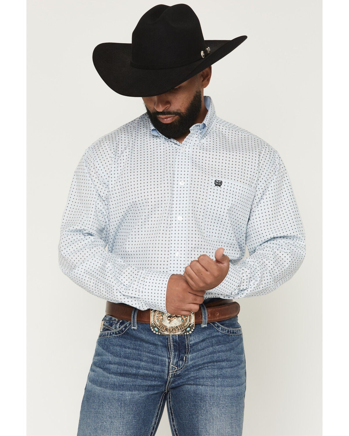 Image #1 - Cinch Men's Floral Geo Print Long Sleeve Button-Down Western Shirt, Light Blue, hi-res