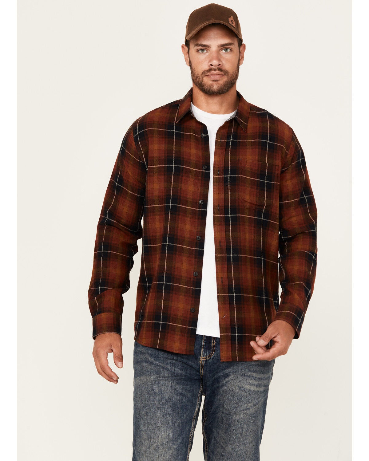 Brothers and Sons Men's Bask Plaid Print Long Sleeve Button-Down Western Shirt, Dark Orange, hi-res