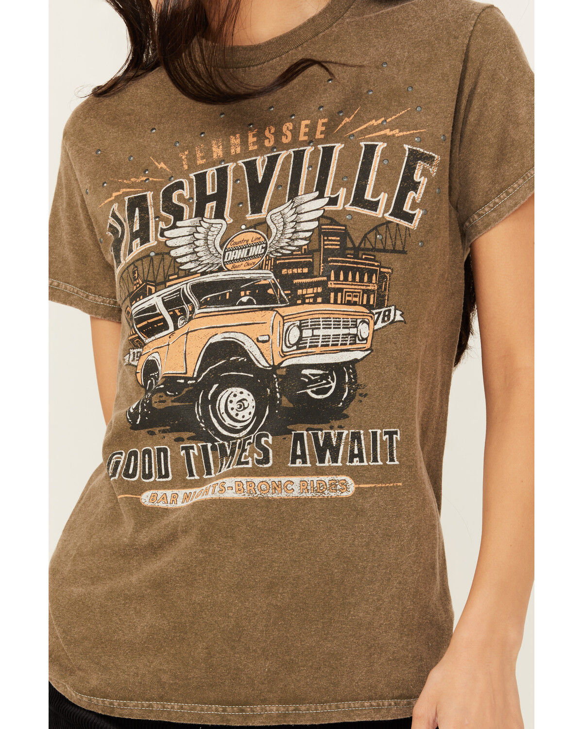 Image #3 - Youth in Revolt Women's Nashville Embellished Car Short Sleeve Graphic Tee, Green, hi-res