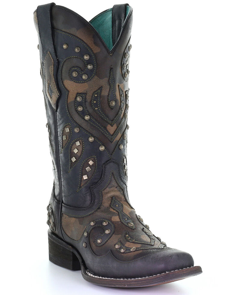 Corral Women's Camo Inlay With Studs Western Boots - Square Toe, Black, hi-res