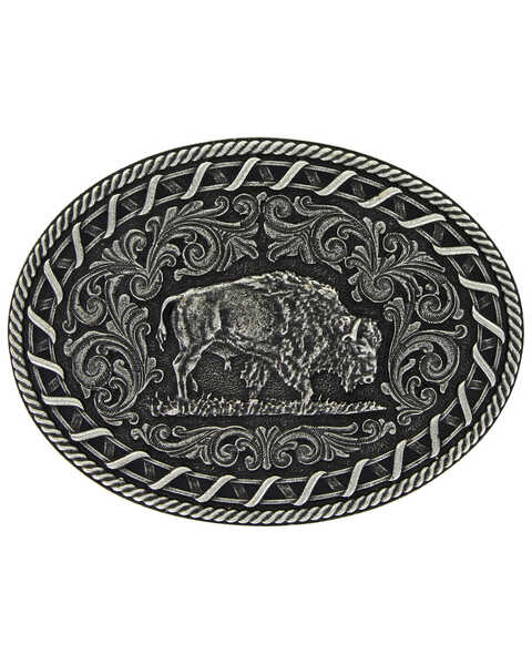 Image #1 - Montana Silversmiths Antiqued Buck Stitch Oval Buffalo Attitude Buckle, Silver, hi-res