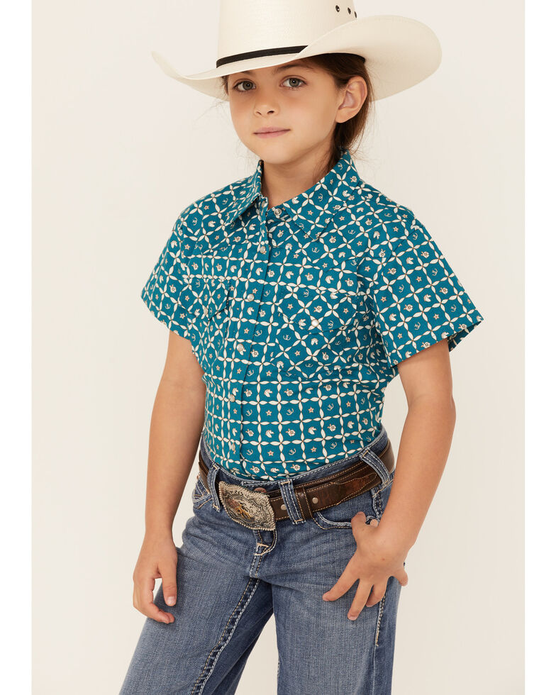 Rank 45 Girls' Floral Horse Print Short Sleeve Snap Rodeo Shirt , Teal, hi-res