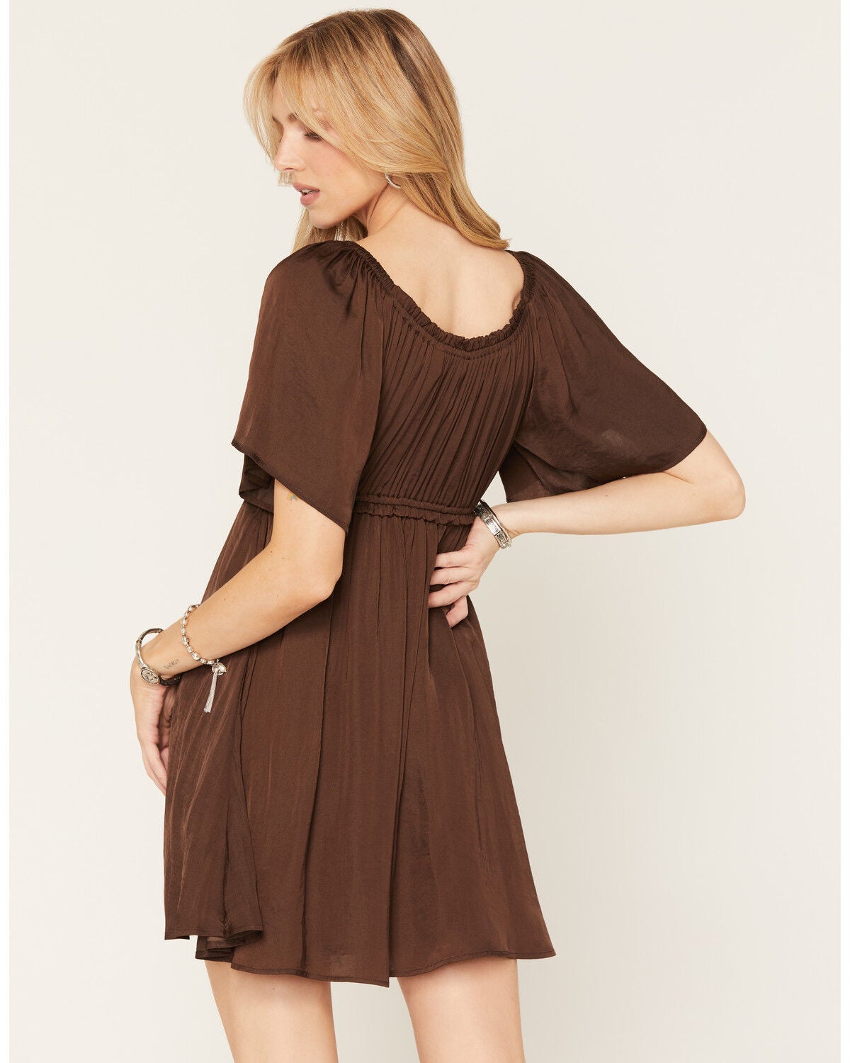 Image #4 - Shyanne Women's Hailey Satin Flounce Short Sleeve Mini Dress, Cognac, hi-res