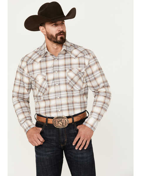 Image #1 - Rough Stock by Panhandle Men's Ombre Plaid Print Long Sleeve Snap Stretch Western Shirt, Brown, hi-res