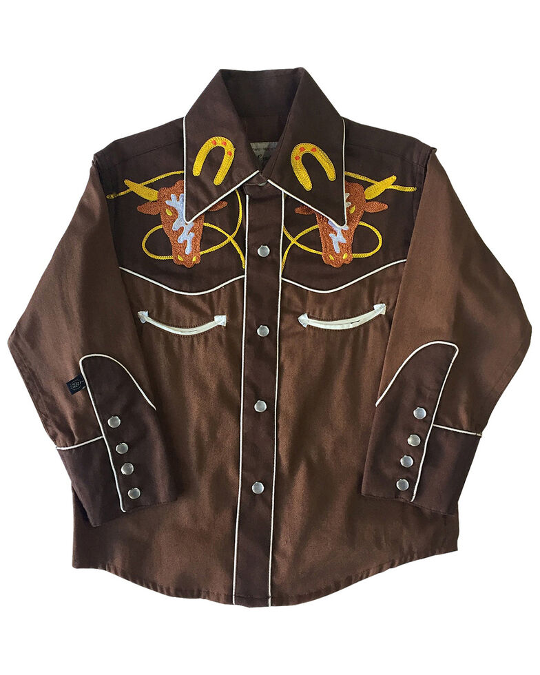 Rockmount Ranchwear Boys' Steerhead Yoke Pearl Snap Brown Western Shirt, Brown, hi-res
