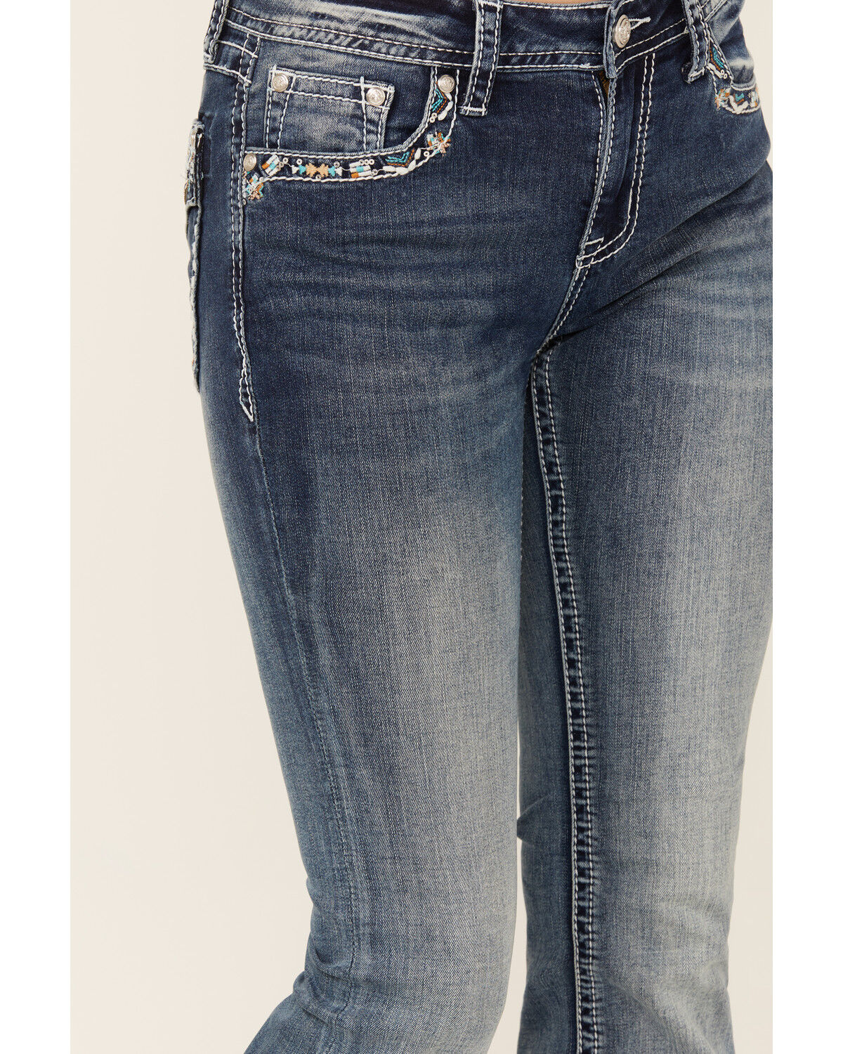 Image #4 - Grace In LA Women's Medium Wash Faux Flap Pocket Mid Rise Bootcut Stretch Denim Jeans, Medium Wash, hi-res