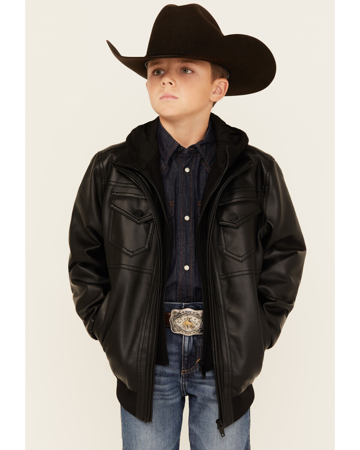 Image #1 - Urban Republic Boys' Faux Leather Hooded Bomber Jacket, Black, hi-res