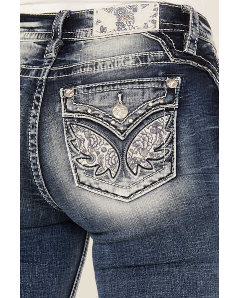 Image #2 - Miss Me Women's Dark Wash Mid Rise Floral Paisley Wing Bootcut Jeans, Dark Blue, hi-res