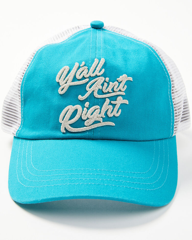 Idyllwind Women's Y'all Ain't Right Embroidered Mesh Back Ball Cap, Turquoise, hi-res