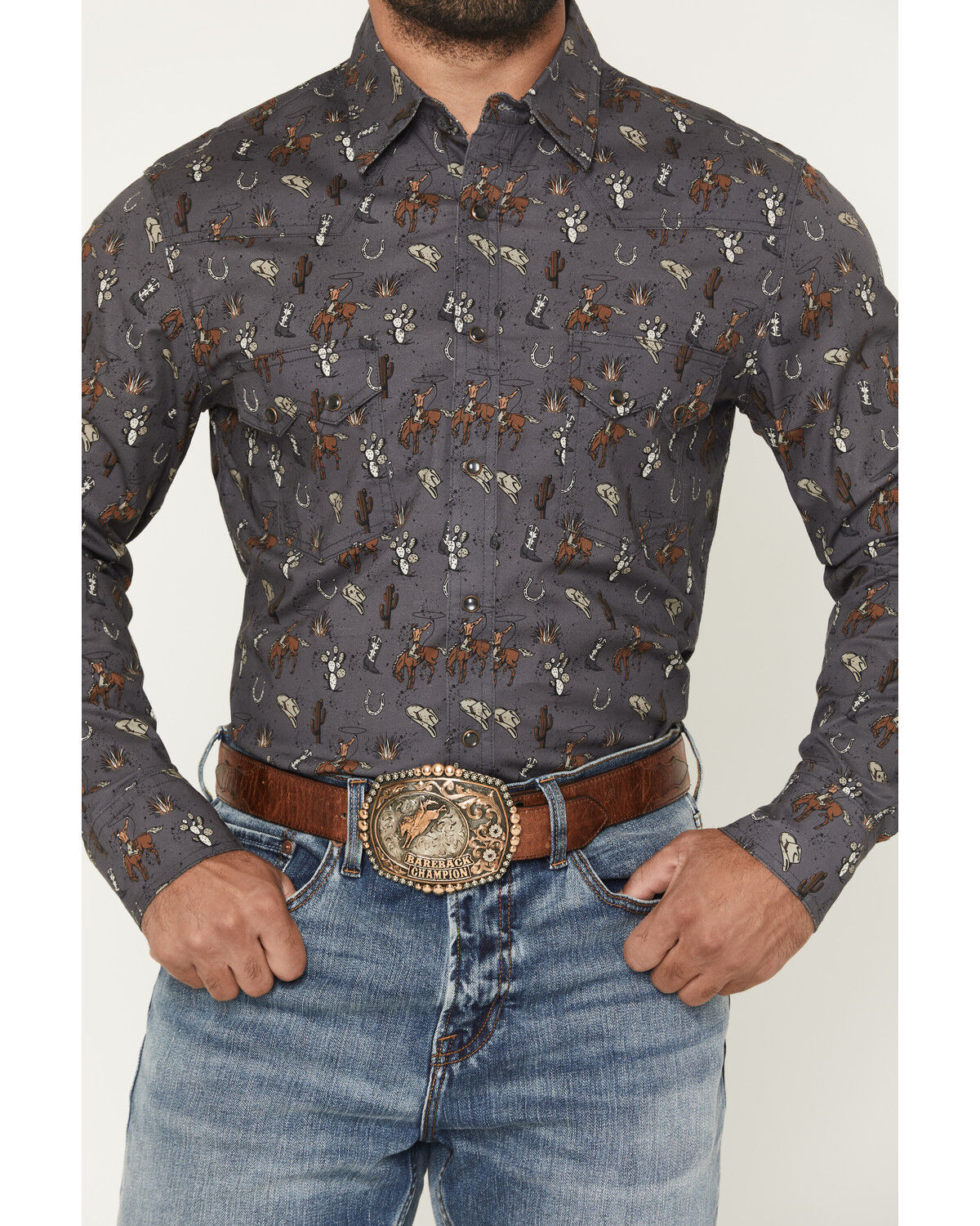 Image #3 - Rock & Roll Denim Men's Conversation Print Long Sleeve Snap Stretch Western Shirt, Charcoal, hi-res