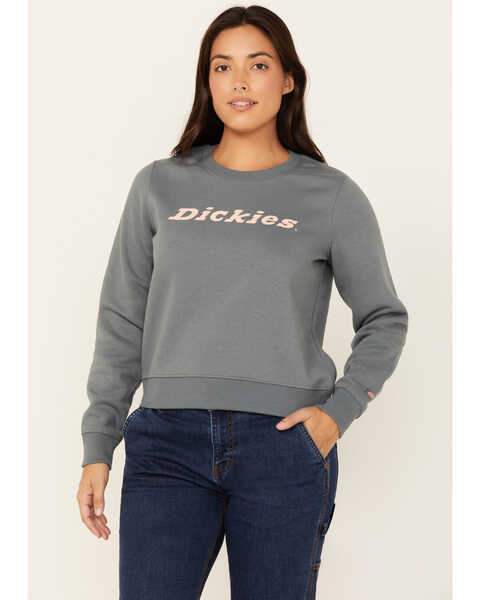 Image #1 - Dickies Women's Heavyweight Wordmark Crew Neck Fleece Sweatshirt , Dark Grey, hi-res