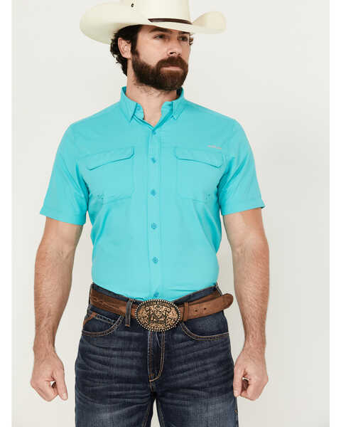 Ariat Men's VenTek Outbound Solid Short Sleeve Button-Down Performance Western Shirt , Turquoise, hi-res