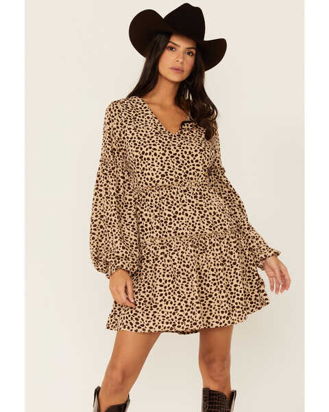 Very J Women's Leopard Long Sleeve Tiered Mini Dress, Tan, hi-res
