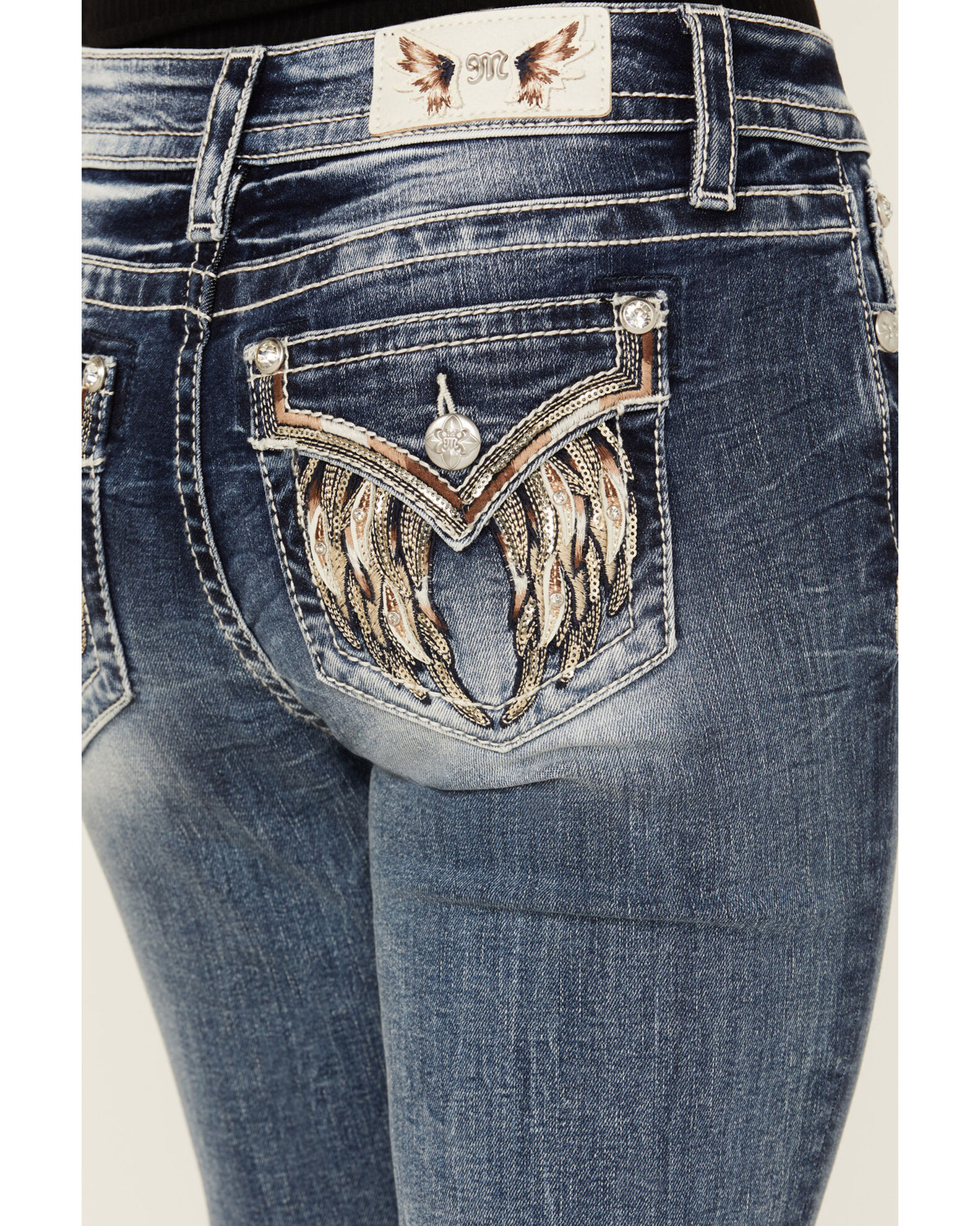 Miss Me Women s Dark Wash Mid Rise Wing Pocket Bootcut Stretch Denim Jeans Sheplers