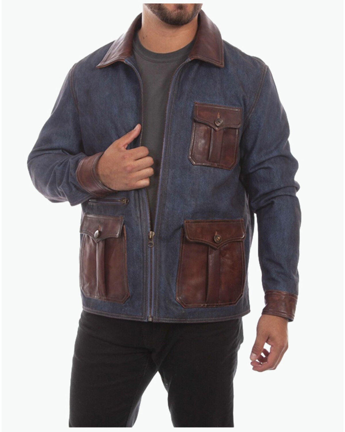 Scully Men's Denim And Leather Trim Zip-Up Jacket, Indigo, hi-res