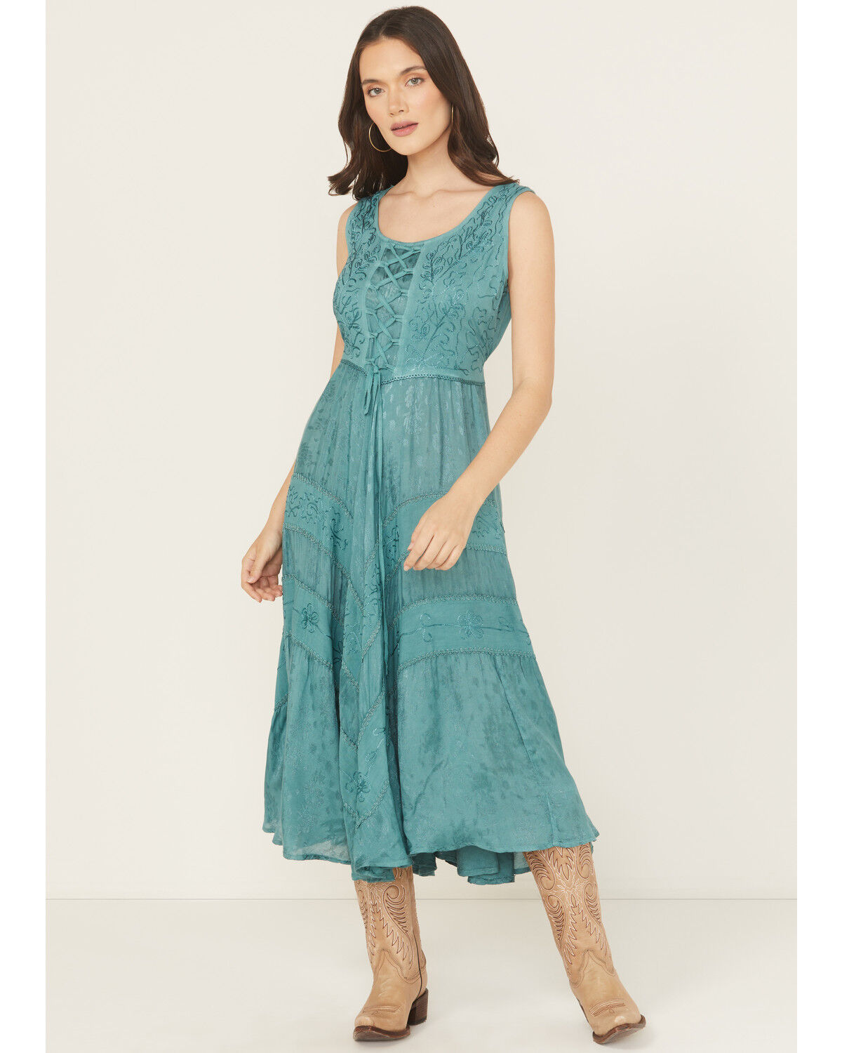 Image #2 - Scully Women's Lace-Up Jacquard Midi Dress, Teal, hi-res