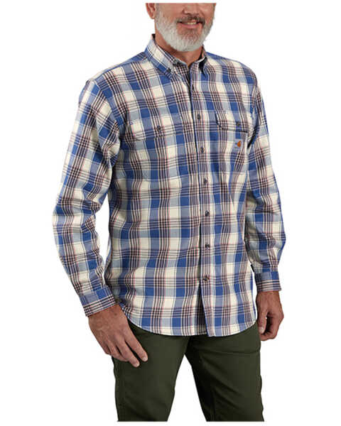 Carhartt Men's FR Force Rugged Flex® Loose Fit Twill Plaid Print Long Sleeve Button-Down Shirt, Blue/red, hi-res