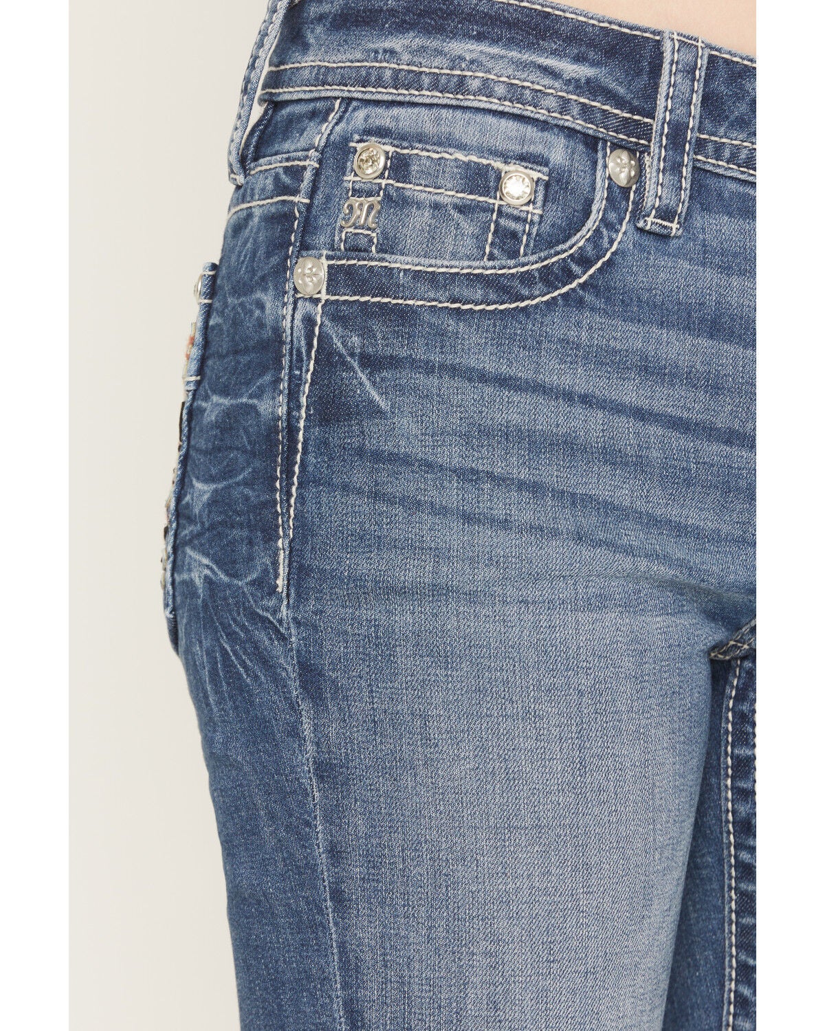 Image #4 - Miss Me Women's Medium Wash Mid Rise Wing Pocket 32" Bootcut Stretch Denim Jeans, Medium Wash, hi-res