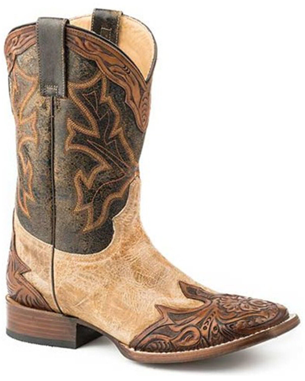 Stetson Men's Julian Cracked Tooled Wingtip Western Boots - Broad Square Toe, Tan, hi-res
