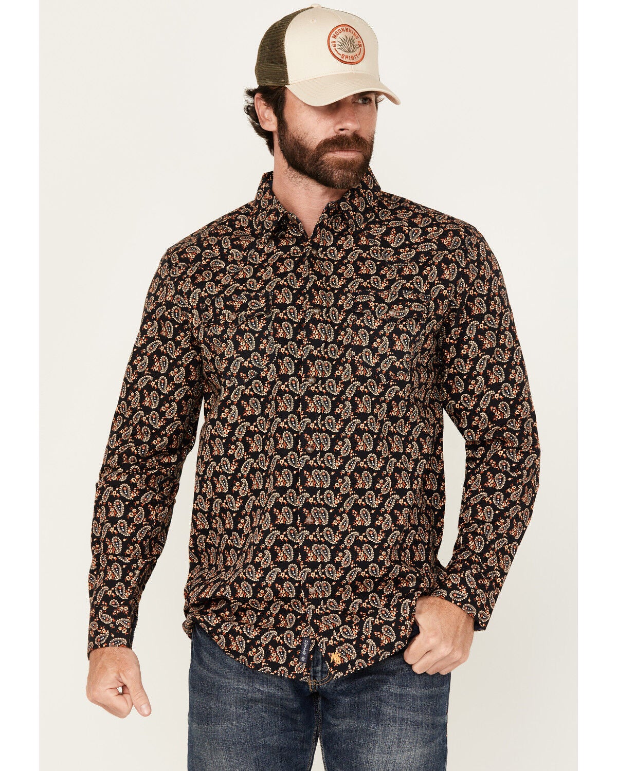 Moonshine Spirit&reg; Men's Freedom Paisley Print Long Sleeve Snap Western Shirt, Navy, hi-res