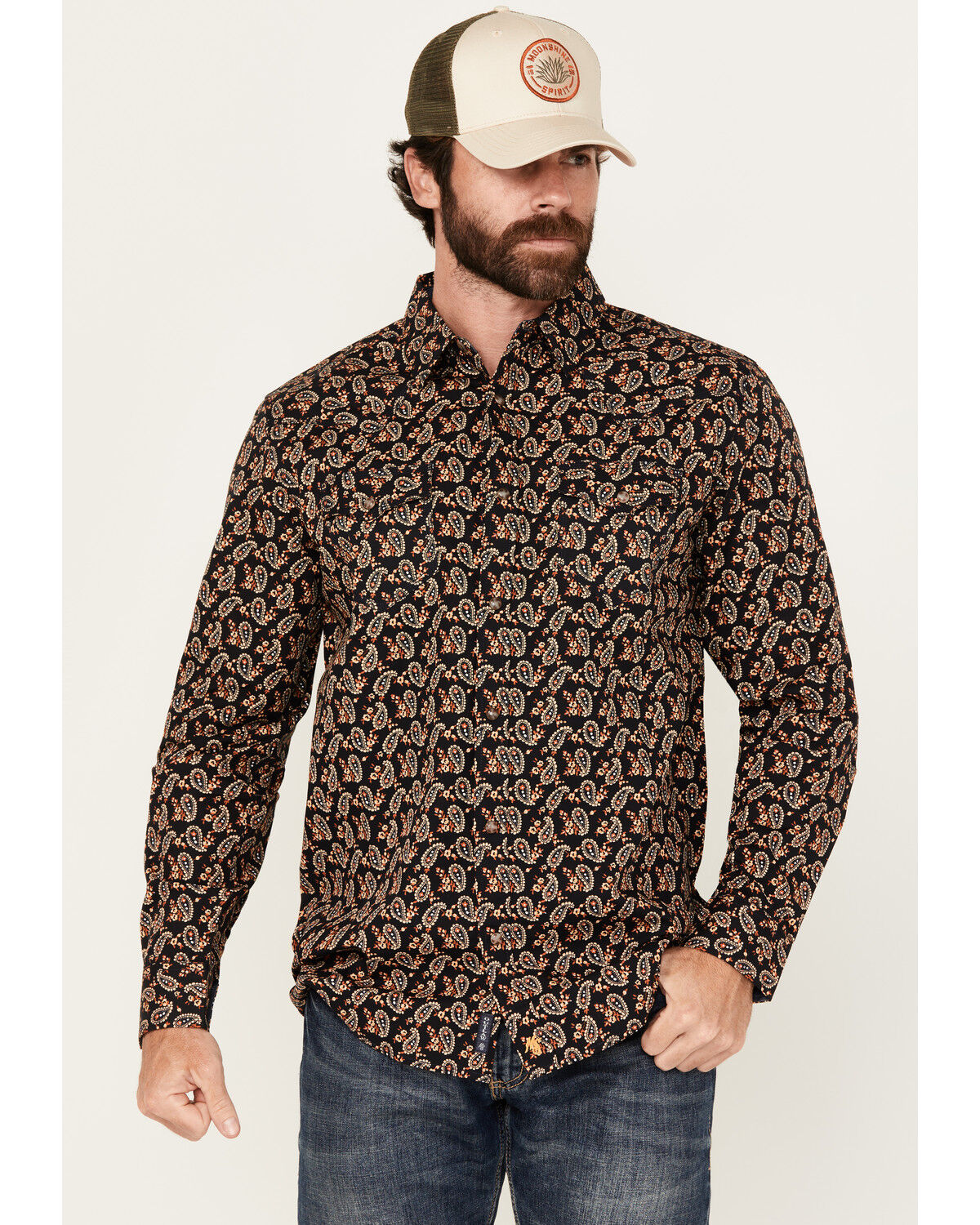 Image #1 - Moonshine Spirit Men's Freedom Paisley Print Long Sleeve Snap Western Shirt, Navy, hi-res