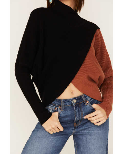 Image #3 - Revel Women's Color Block Knit Surplice Turtleneck Sweater, Rust Copper, hi-res