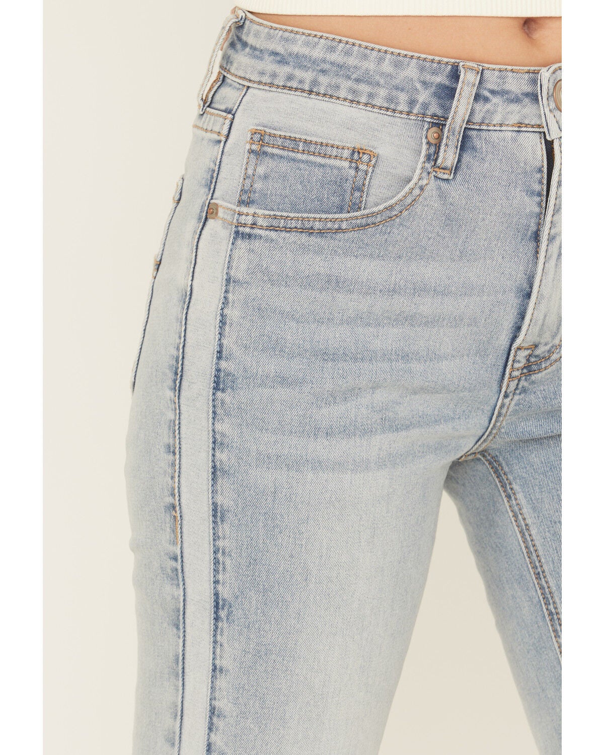 Image #4 - Rock & Roll Denim Women's Light Wash Mid Rise Two Toned Modest Bootcut Stretch Denim Jeans, Light Wash, hi-res