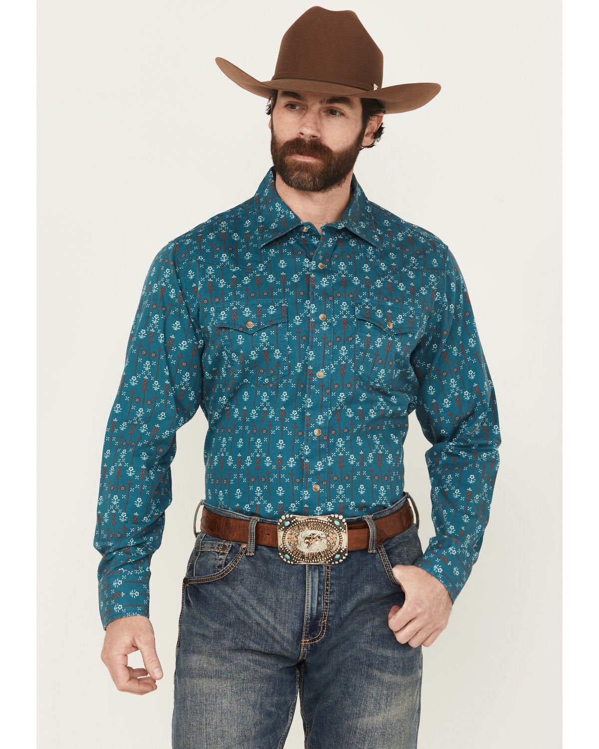 Wrangler Retro Men's Floral Print Long Sleeve Snap Western Shirt, Blue, hi-res