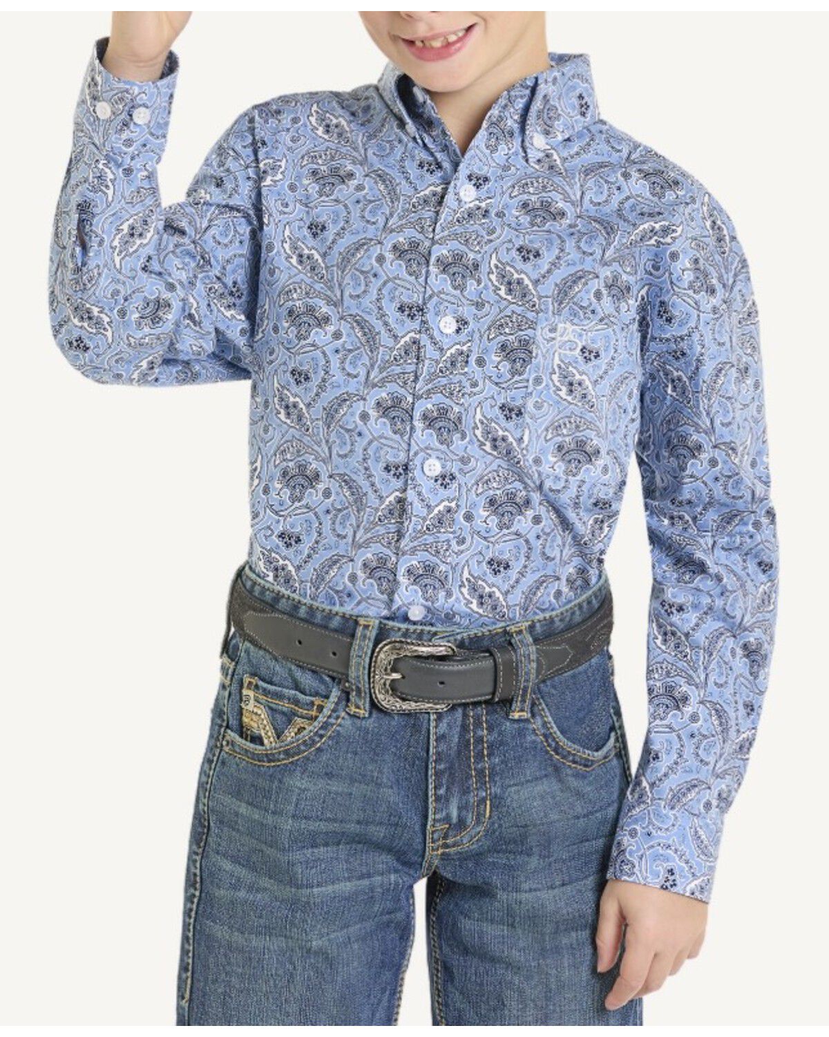 Image #1 - Panhandle Slim Boys' Paisley Print Long Sleeve Button-Down Stretch Western Shirt, Blue, hi-res