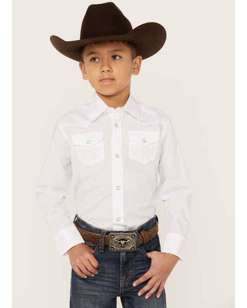 Wrangler Boys' Solid Long Sleeve Pearl Snap Western Shirt , White, hi-res