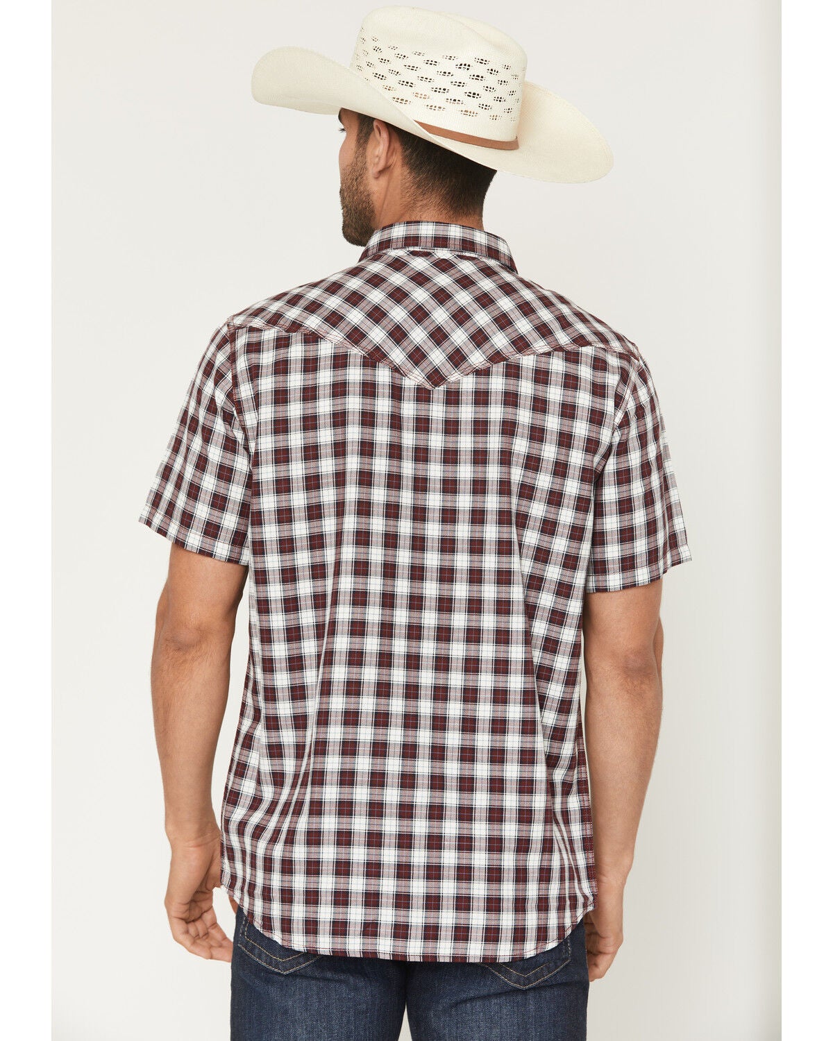 Image #4 - Moonshine Spirit&reg; Men's West Virginia Plaid Print Short Sleeve Snap Flannel Shirt, Burgundy, hi-res