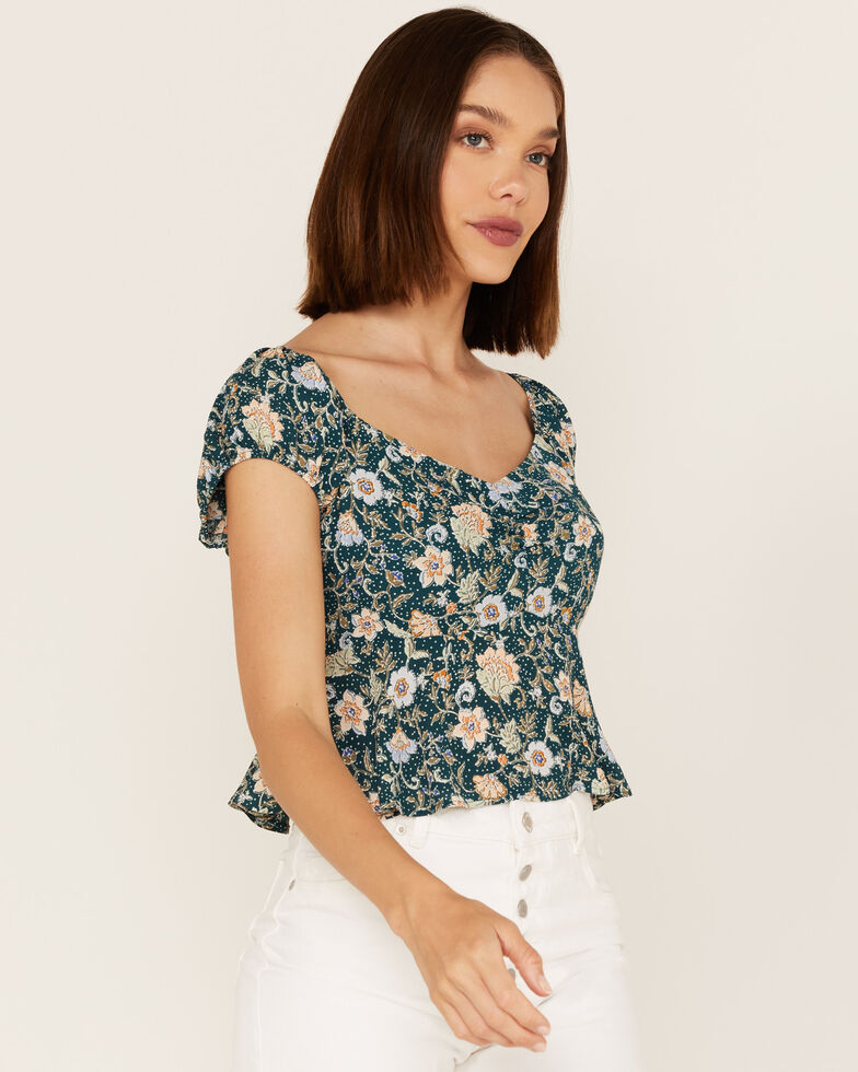 Shyanne Women's Floral Print Flounce Top, Deep Teal, hi-res