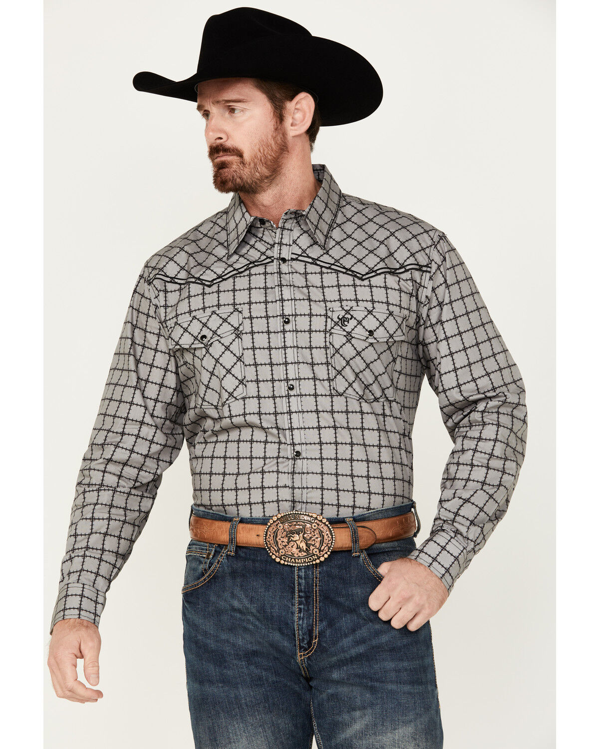 Image #1 - Cowboy Hardware Men's Barbed Wire Print Long Sleeve Snap Western Shirt, Grey, hi-res