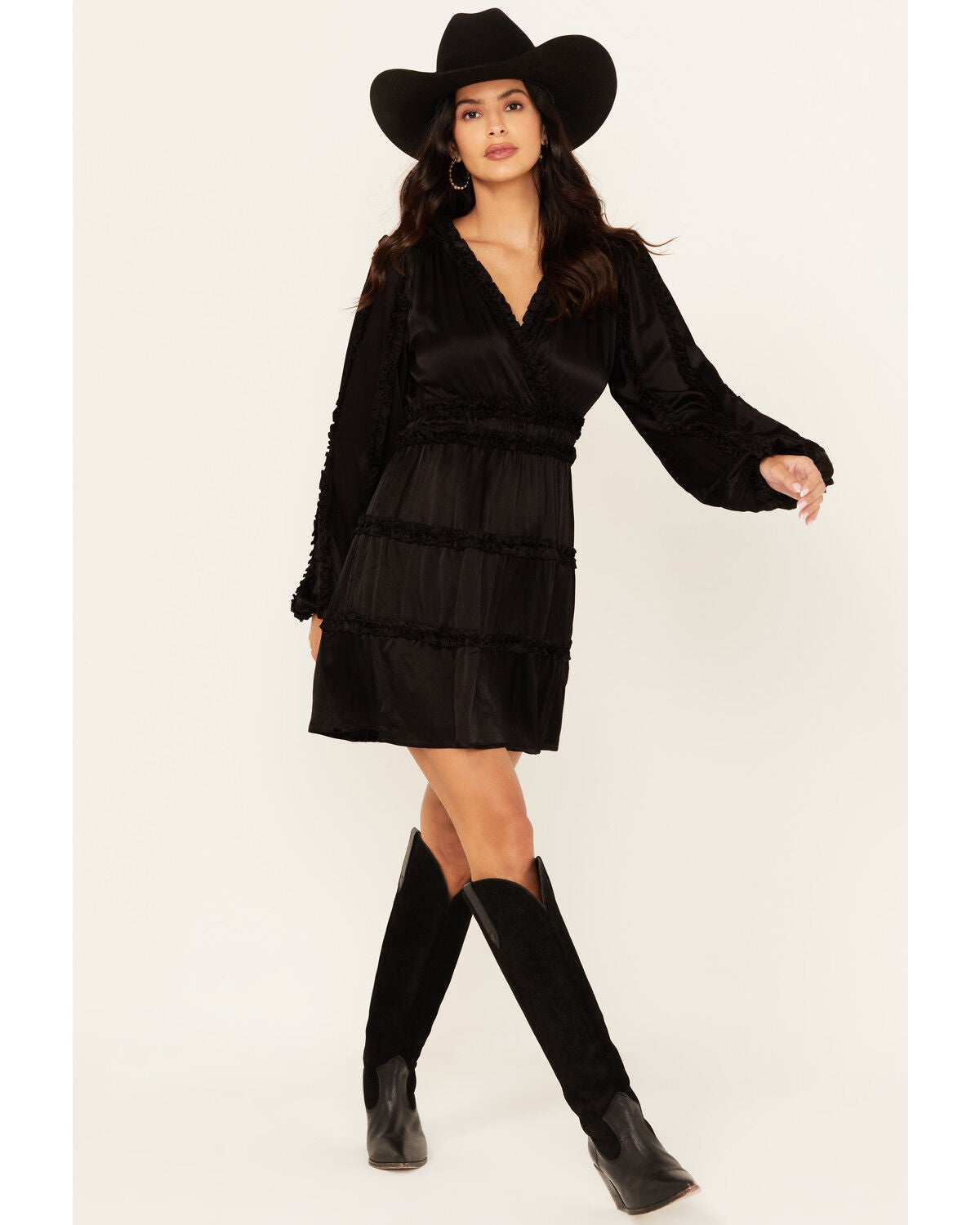 Shyanne Women's Long Sleeve Ruffle Mini Dress, Black