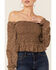 Beyond The Radar Women's Floral Smocked Chiffon Off Shoulder Top , Brown, hi-res