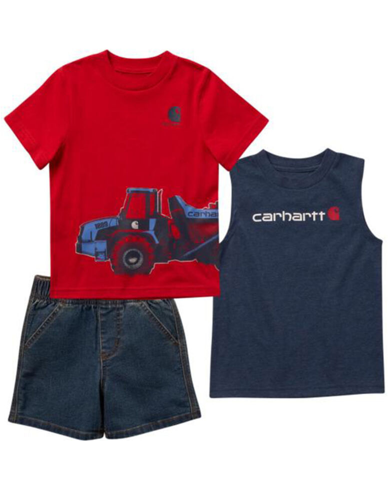 Carhartt Toddler-Boys' Graphic Tank, T-Shirt & Denim Shorts Set - 3-Piece, Red, hi-res