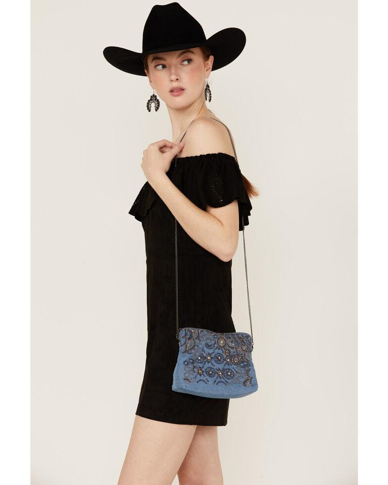Mary Frances Women's Details In Denim Beaded Crossbody Clutch Bag, Blue, hi-res