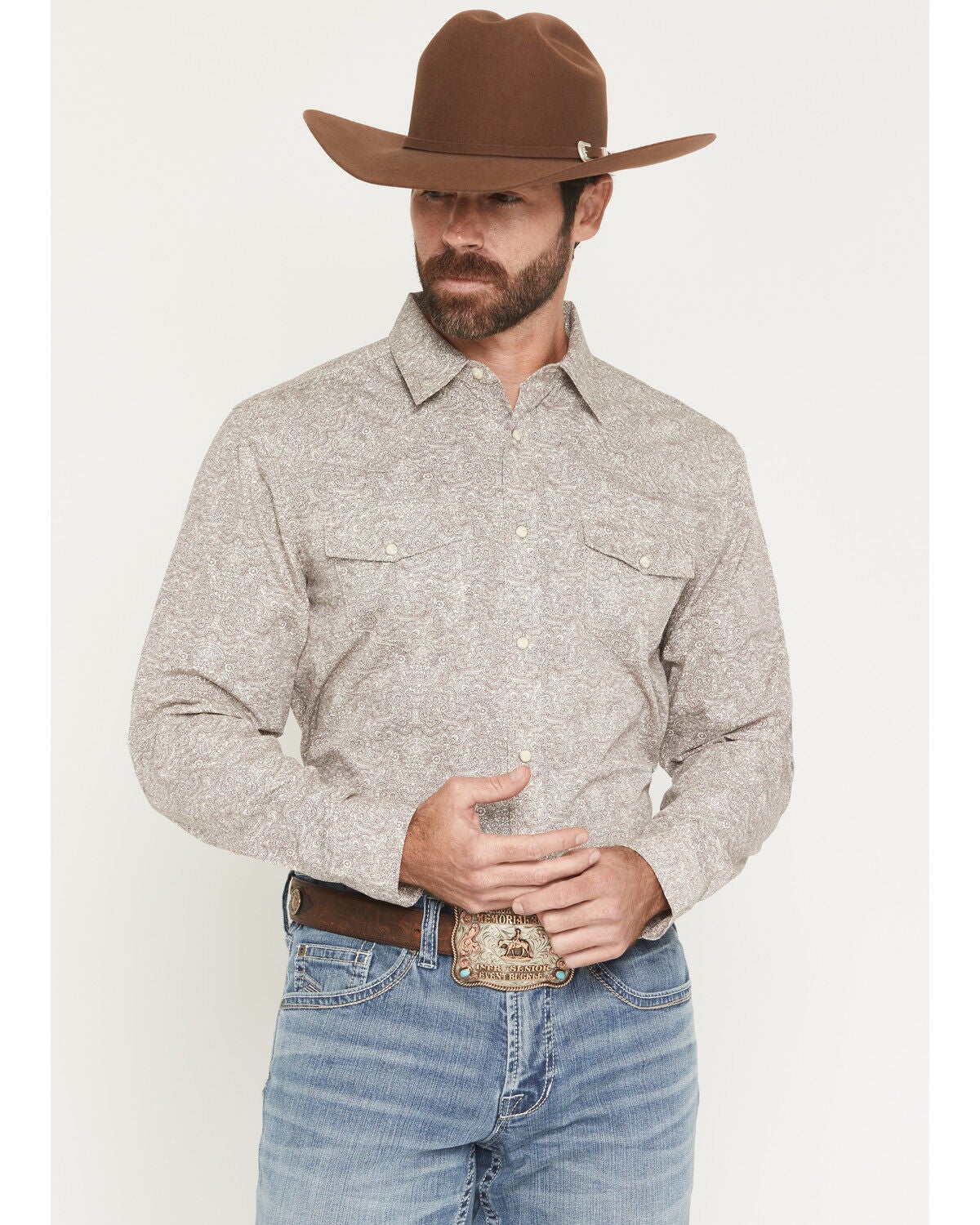 Gibson Trading Co Men's Mind Trap Paisley Print Long Sleeve Snap Western Shirt, Ivory, hi-res