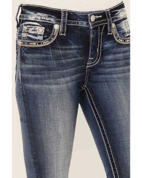Image #4 - Miss Me Women's Medium Wash Mid Rise Embroidered Stone & Sequin Bootcut Jeans, Dark Blue, hi-res