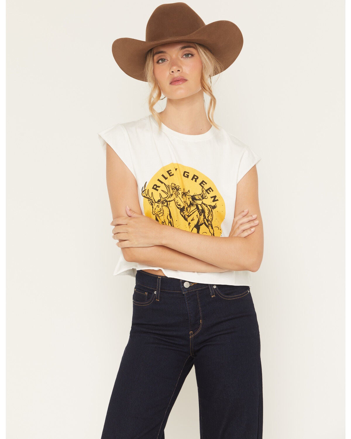 Image #1 - People of Leisure Women's Riley Green Logo Graphic Muscle Tee, White, hi-res