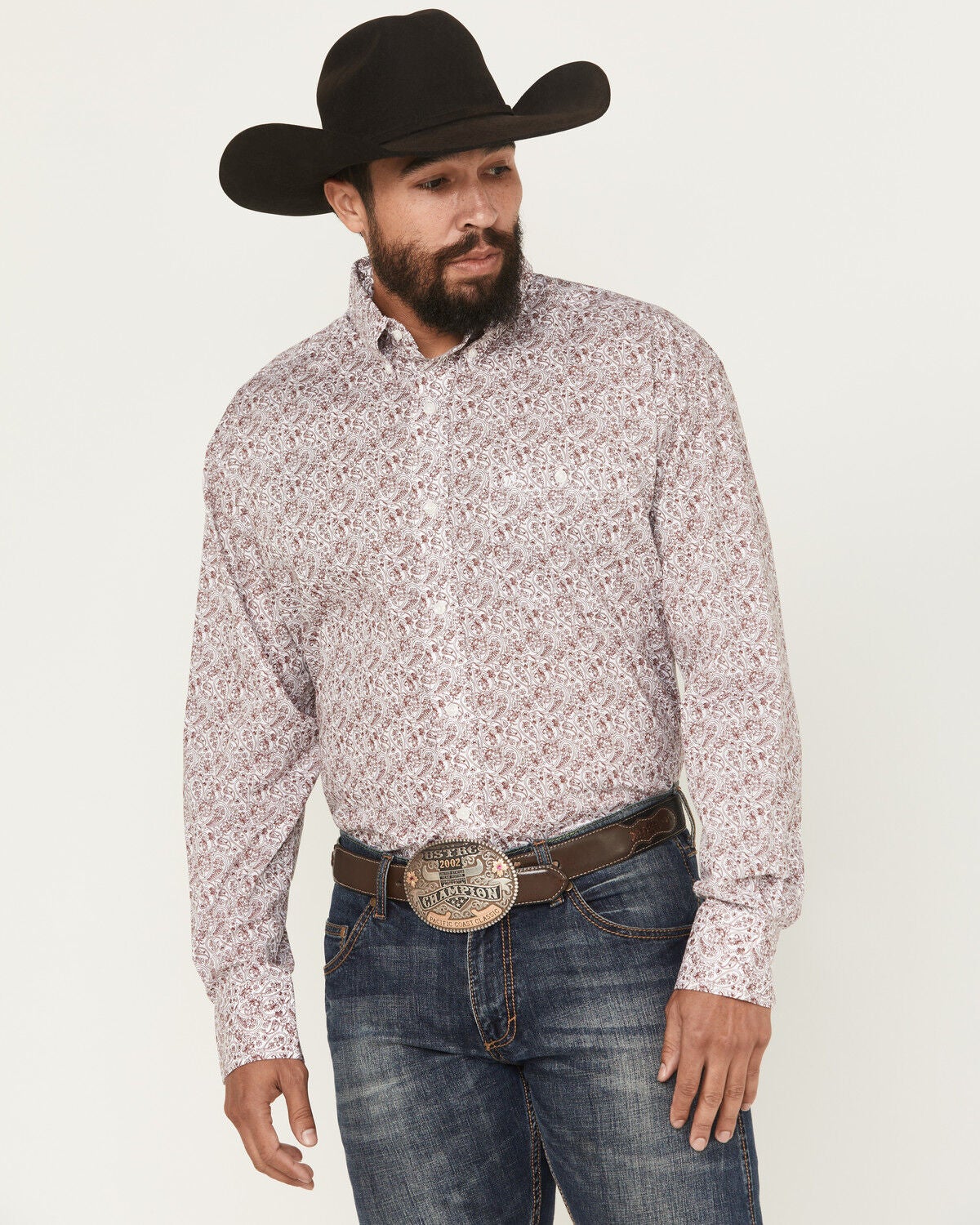 Wrangler Men's Paisley Print Long Sleeve Button-Down Stretch Western Shirt, Burgundy, hi-res