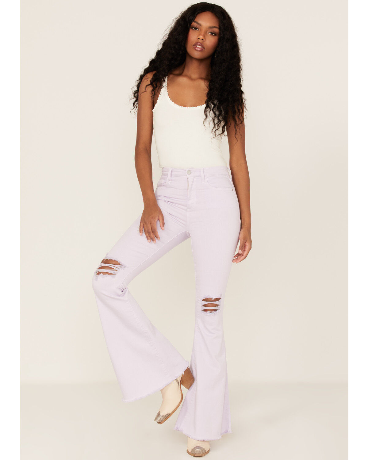 Image #1 - Sneak Peek Women's High Rise Distressed Flare Jeans, Lavender, hi-res