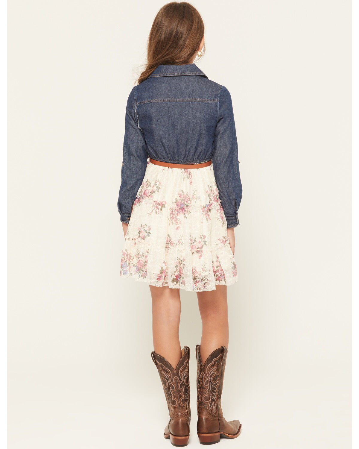 Image #4 - Sugar California Girls' Floral Lace Long Sleeve Button-Down Denim Dress, Multi, hi-res