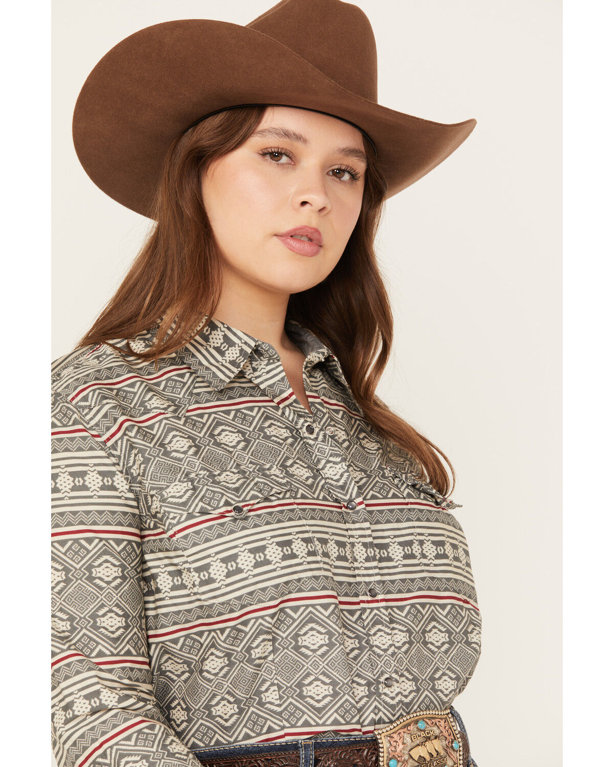 Image #2 - Roper Women's Southwestern Print Long Sleeve Snap Western Shirt - Plus, Grey, hi-res