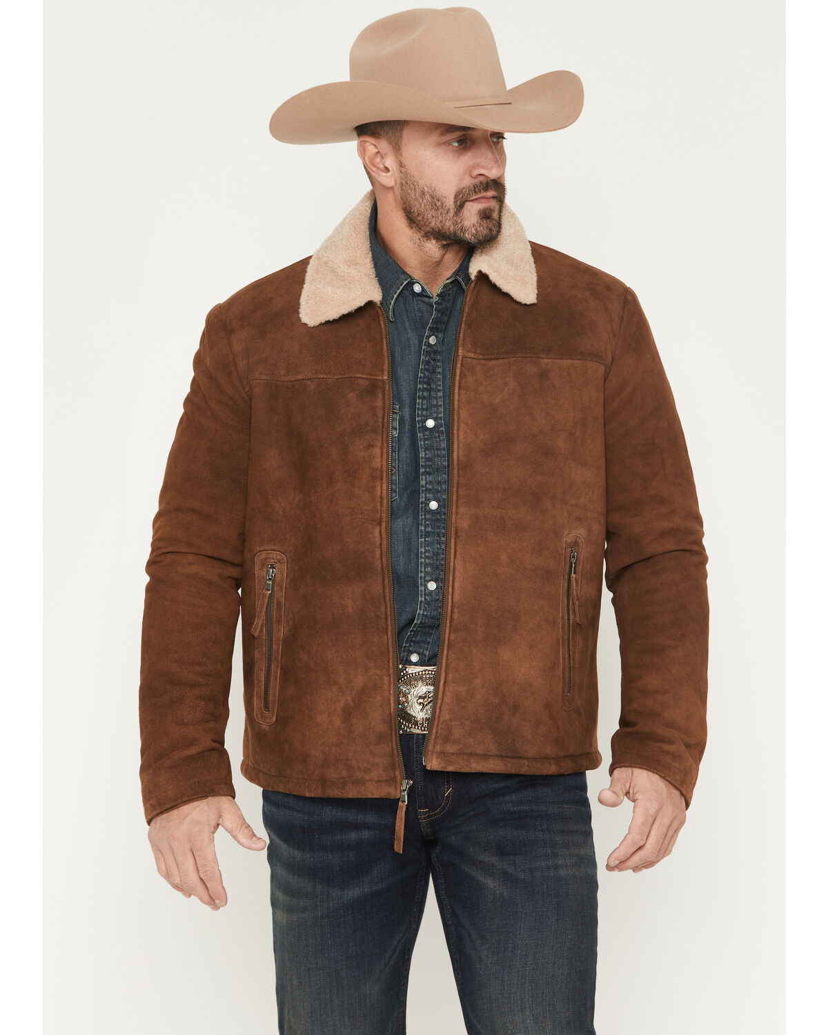 Image #1 - Scully Men's Sherpa Lined Leather Zip Jacket, Brown, hi-res