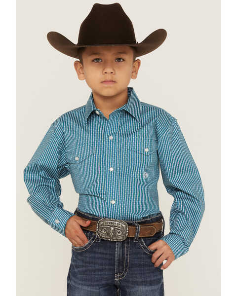Roper Boys' Geo Stripe Print Long Sleeve Pearl Snap Stretch Western Shirt, Sage, hi-res