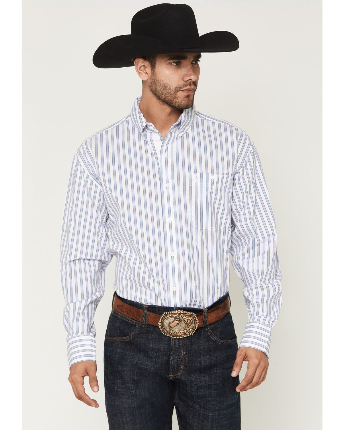 George Strait by Wrangler Stripe Print Long Sleeve Button-Down Stretch Western Shirt - Big, White, hi-res