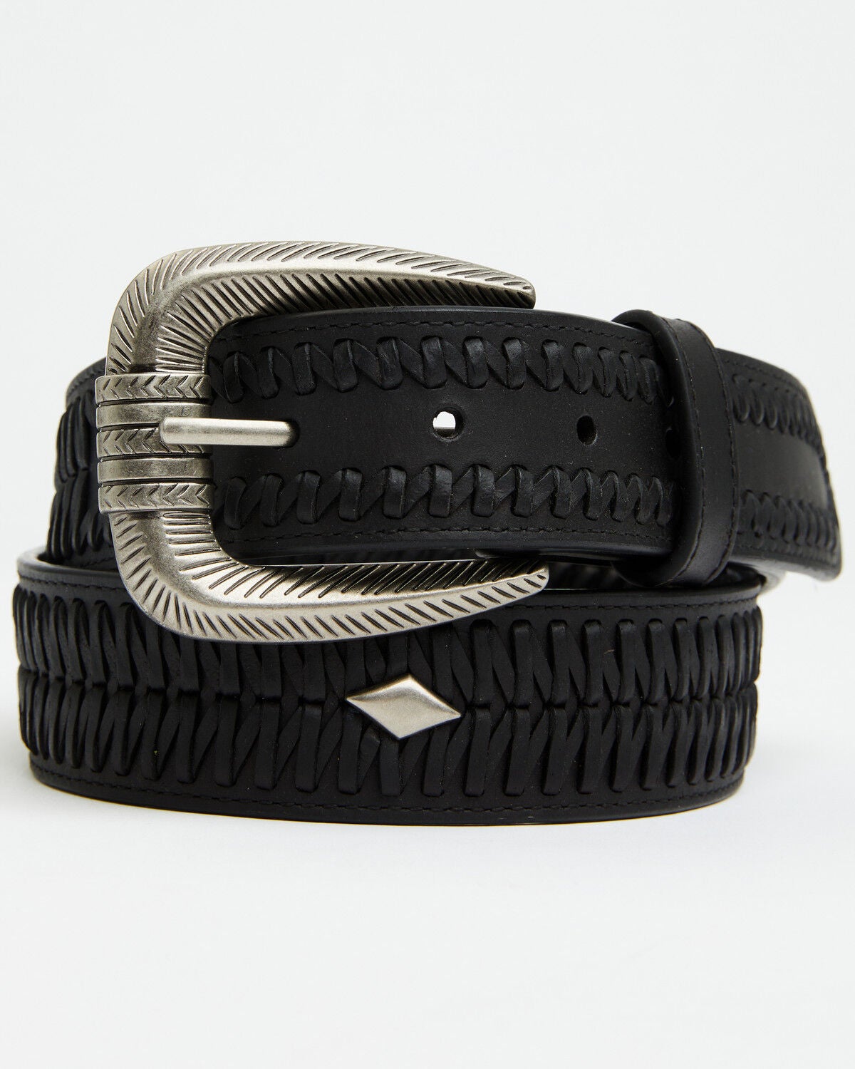 Cody James Men's Diamond Medallion Whipstitch Leather Belt, Black, hi-res